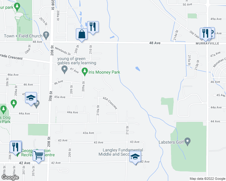 map of restaurants, bars, coffee shops, grocery stores, and more near 4567 Maysfield Crescent in Langley City