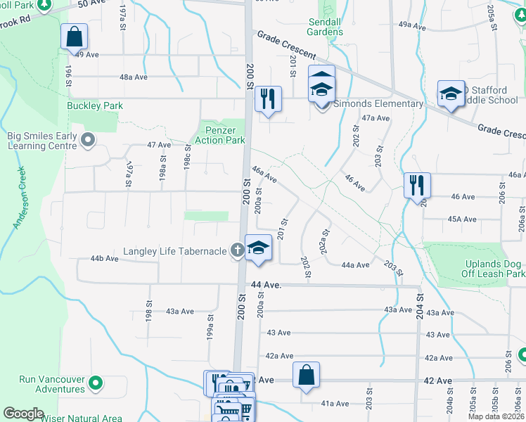 map of restaurants, bars, coffee shops, grocery stores, and more near 4552 200A Street in Langley