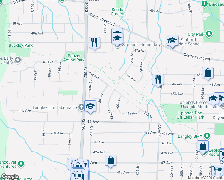 map of restaurants, bars, coffee shops, grocery stores, and more near 4567 202 Street in Langley