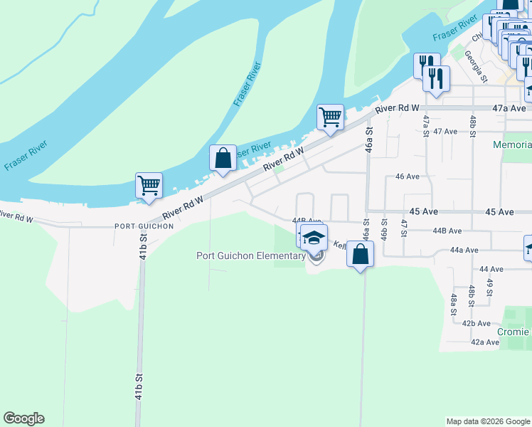 map of restaurants, bars, coffee shops, grocery stores, and more near 4429 44B Avenue in Delta