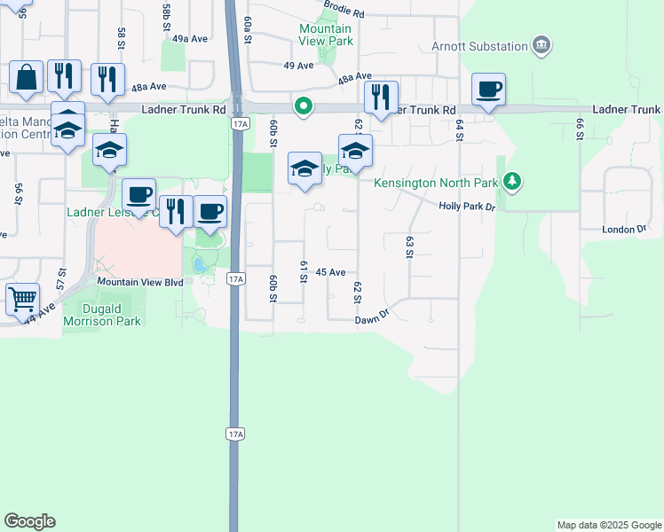 map of restaurants, bars, coffee shops, grocery stores, and more near 6159 45 Avenue in Delta