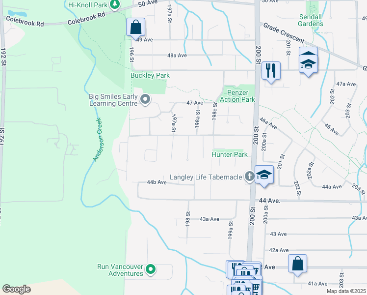 map of restaurants, bars, coffee shops, grocery stores, and more near 4571 198 Street in Langley
