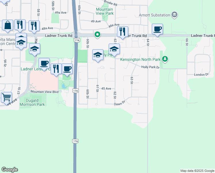 map of restaurants, bars, coffee shops, grocery stores, and more near 6167 45 Avenue in Delta