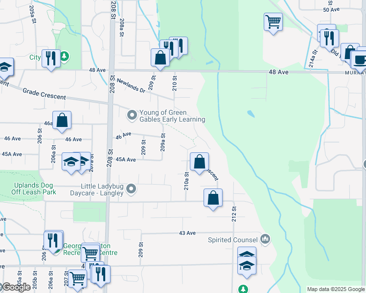 map of restaurants, bars, coffee shops, grocery stores, and more near 22111 46 Avenue in Langley