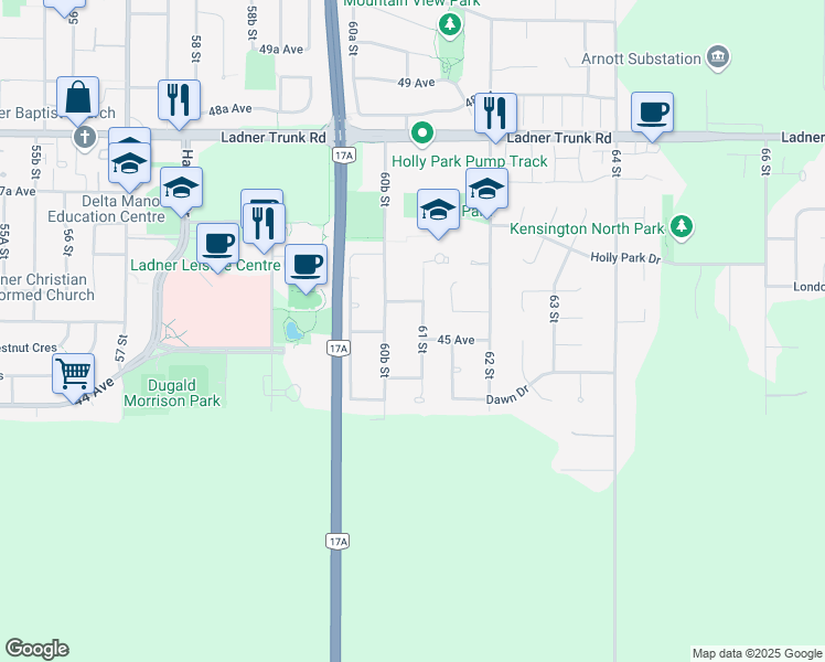map of restaurants, bars, coffee shops, grocery stores, and more near 4525 61 Street in Delta