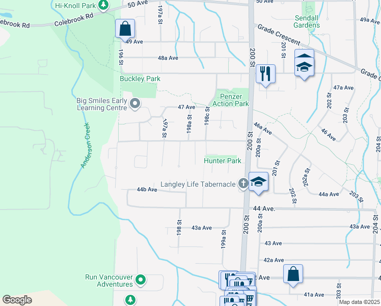 map of restaurants, bars, coffee shops, grocery stores, and more near 4571 198B Street in Langley