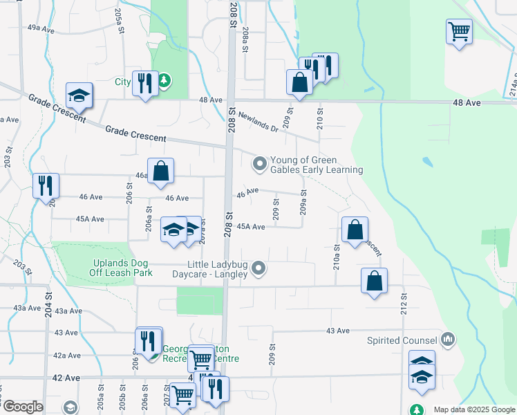 map of restaurants, bars, coffee shops, grocery stores, and more near 4570 Uplands Drive in Langley