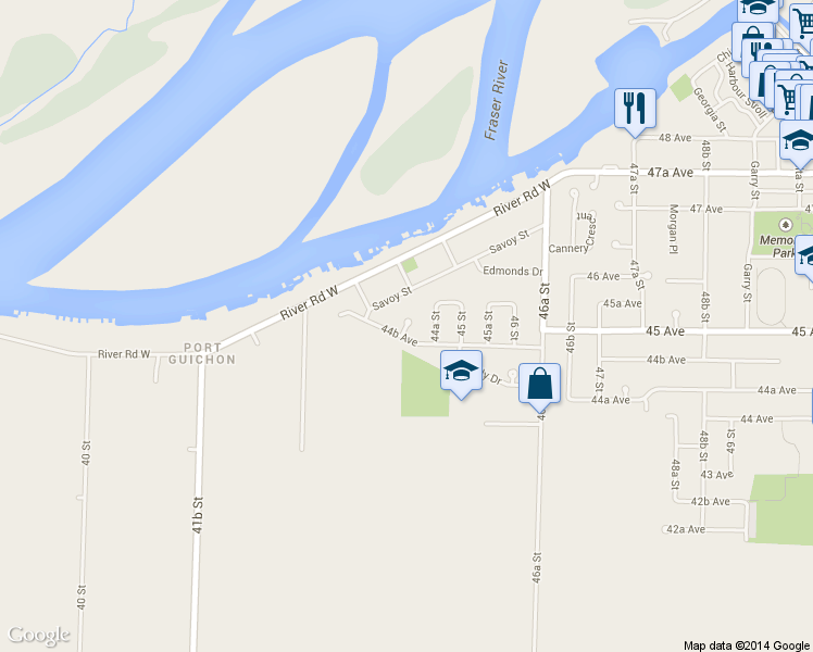 map of restaurants, bars, coffee shops, grocery stores, and more near 4429 44B Avenue in Delta