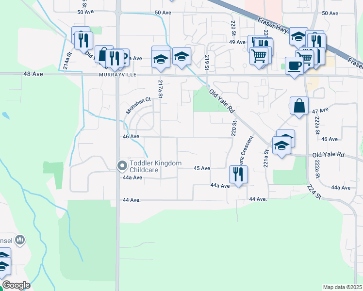map of restaurants, bars, coffee shops, grocery stores, and more near 4582 217B Street in Langley