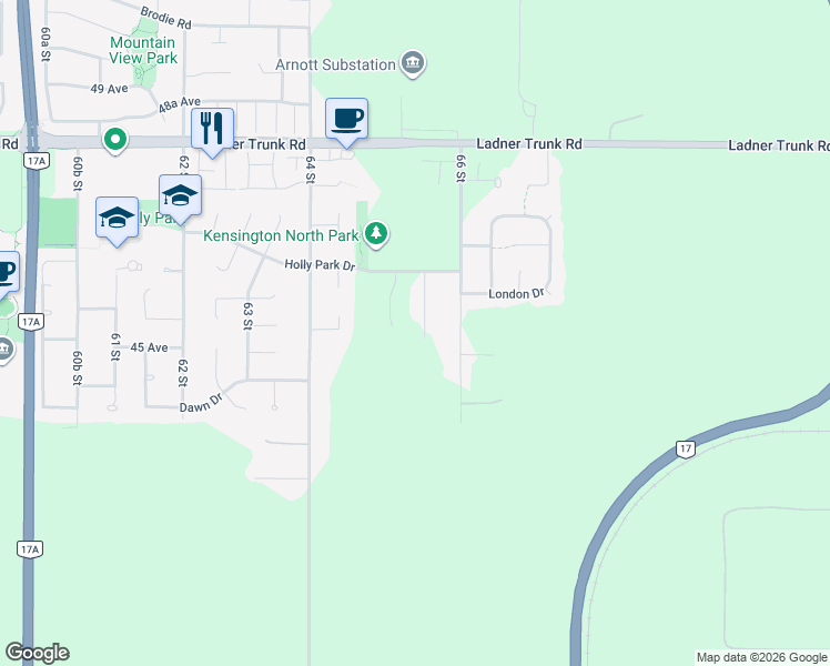 map of restaurants, bars, coffee shops, grocery stores, and more near 4537 65A Street in Delta
