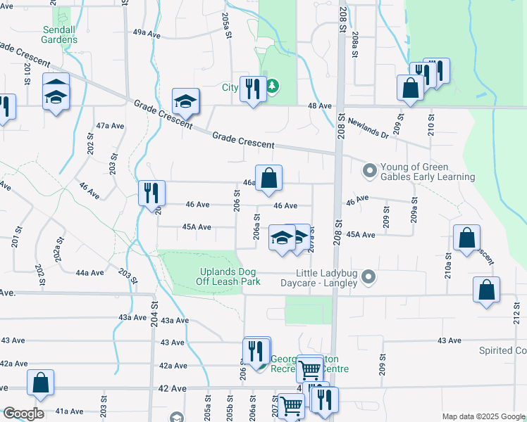 map of restaurants, bars, coffee shops, grocery stores, and more near 4566 206A Street in Langley