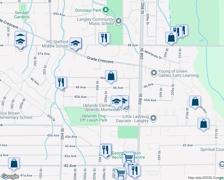 map of restaurants, bars, coffee shops, grocery stores, and more near 20670 46 Avenue in Langley