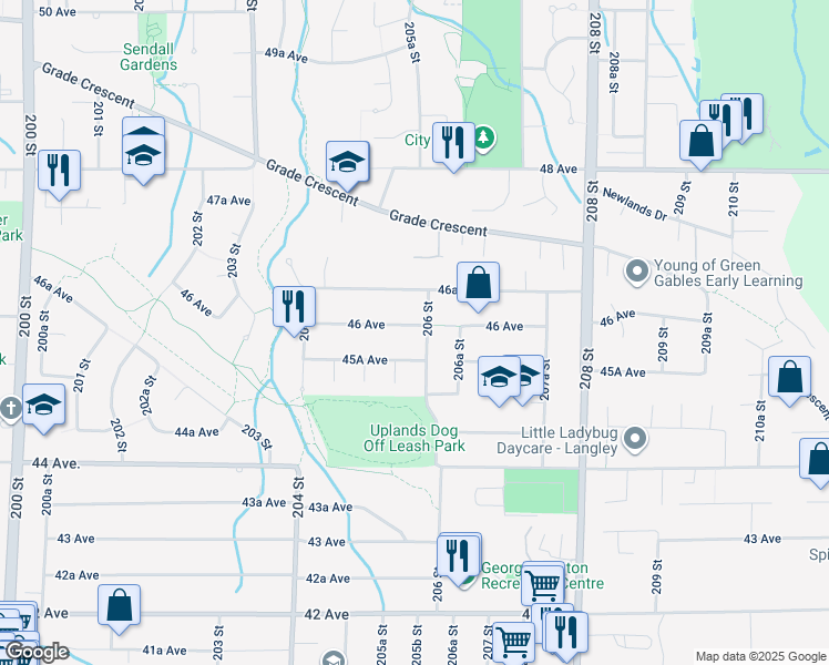 map of restaurants, bars, coffee shops, grocery stores, and more near 20580 46 Avenue in Langley