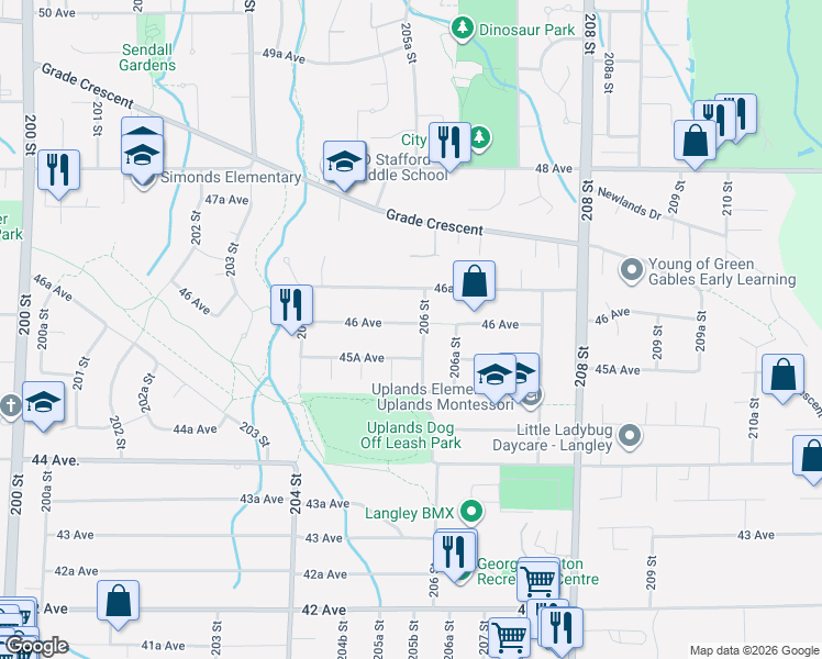map of restaurants, bars, coffee shops, grocery stores, and more near 4635 206 Street in Langley City