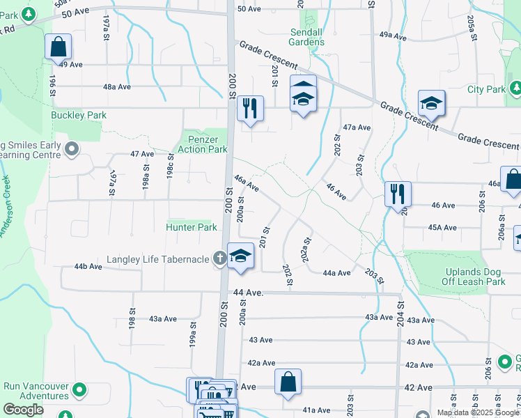map of restaurants, bars, coffee shops, grocery stores, and more near 20073 45A Avenue in Langley