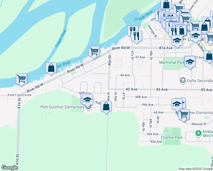map of restaurants, bars, coffee shops, grocery stores, and more near 4517 46A Street in Delta