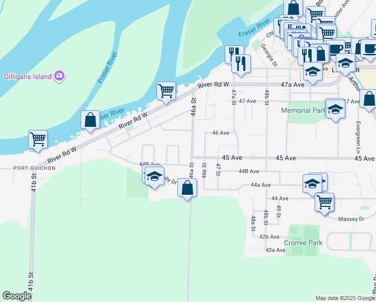 map of restaurants, bars, coffee shops, grocery stores, and more near 4517 46A Street in Delta