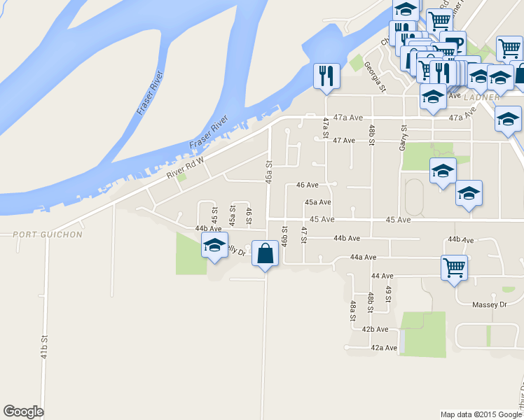 map of restaurants, bars, coffee shops, grocery stores, and more near 4517 46A Street in Delta