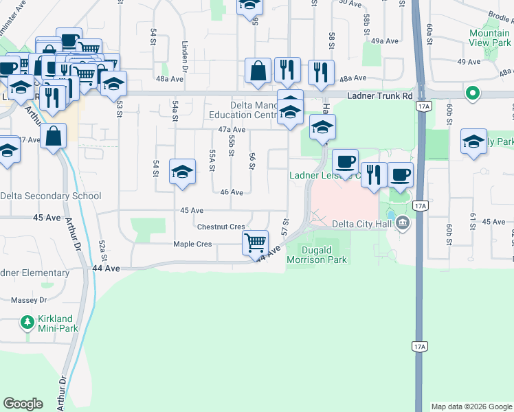 map of restaurants, bars, coffee shops, grocery stores, and more near 5575 45 Avenue in Delta