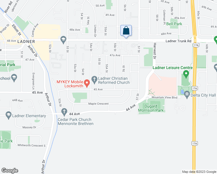 map of restaurants, bars, coffee shops, grocery stores, and more near 5475 45 Avenue in Delta