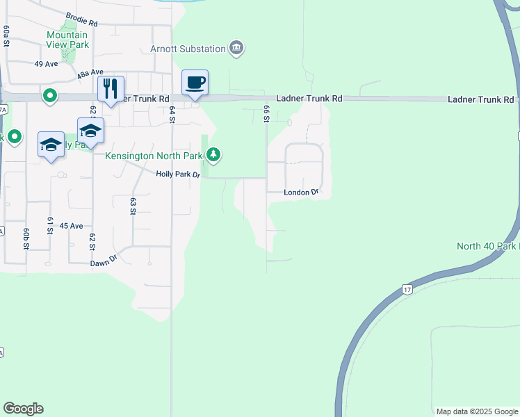 map of restaurants, bars, coffee shops, grocery stores, and more near 4553 66 Street in Delta