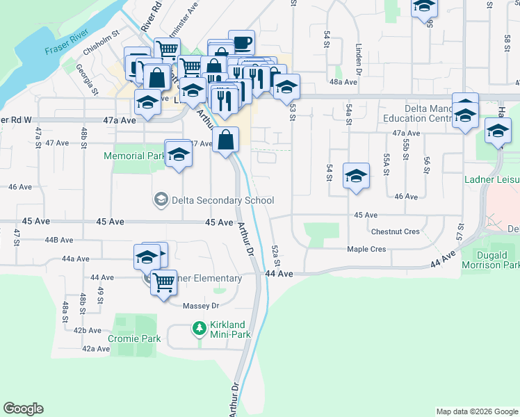 map of restaurants, bars, coffee shops, grocery stores, and more near 4515 52A Street in Delta