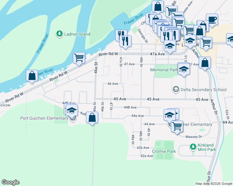map of restaurants, bars, coffee shops, grocery stores, and more near 4726 45A Avenue in Delta
