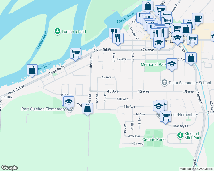 map of restaurants, bars, coffee shops, grocery stores, and more near 4551 47 Street in Delta