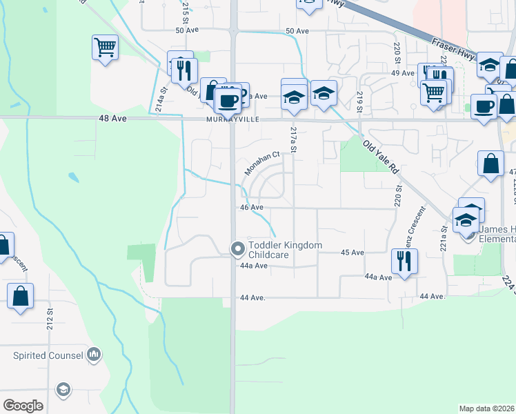 map of restaurants, bars, coffee shops, grocery stores, and more near 21638 46 Avenue in Langley