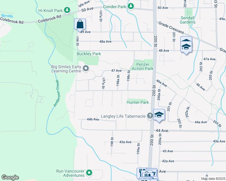 map of restaurants, bars, coffee shops, grocery stores, and more near 46 Ave & 198 St in Langley