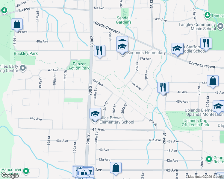 map of restaurants, bars, coffee shops, grocery stores, and more near 20081 46A Avenue in Langley