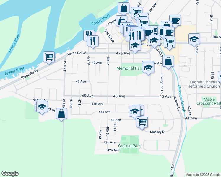 map of restaurants, bars, coffee shops, grocery stores, and more near 4560 48B Street in Delta
