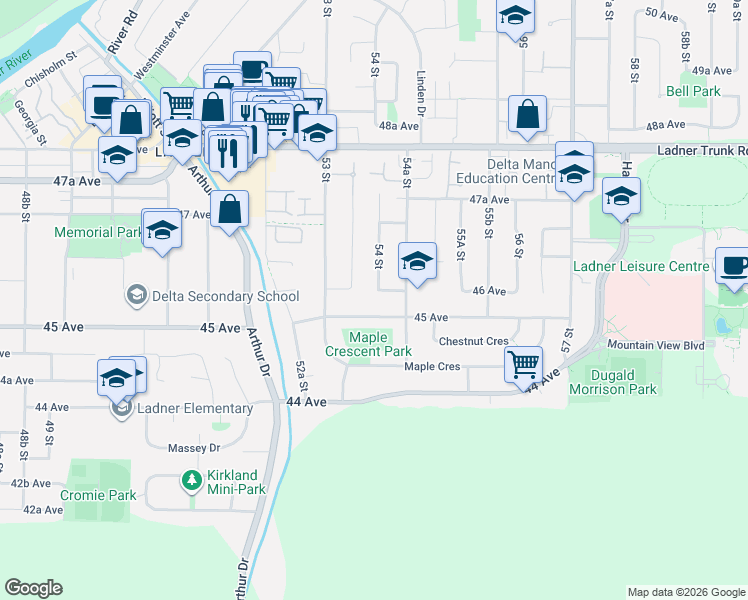 map of restaurants, bars, coffee shops, grocery stores, and more near 5388 46 Avenue in Delta