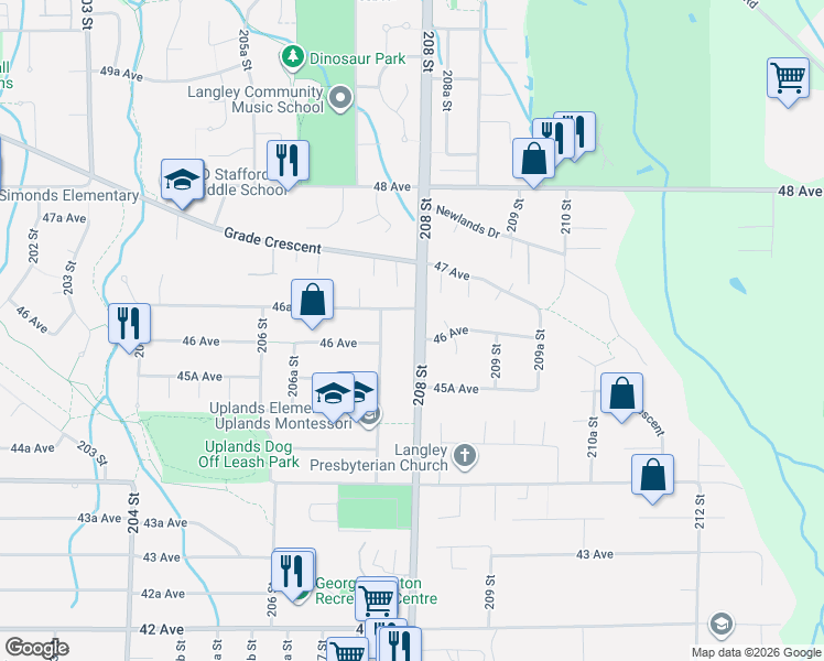 map of restaurants, bars, coffee shops, grocery stores, and more near 4615 208 Street in Langley City