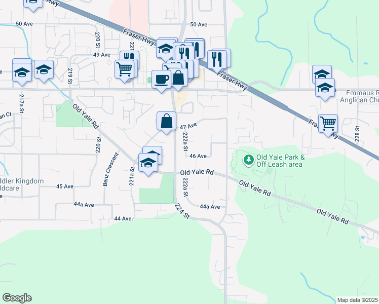 map of restaurants, bars, coffee shops, grocery stores, and more near 22245 46 Avenue in Langley