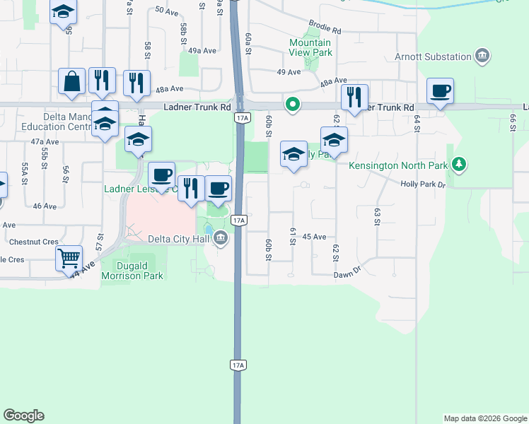 map of restaurants, bars, coffee shops, grocery stores, and more near 4571 60B Street in Delta