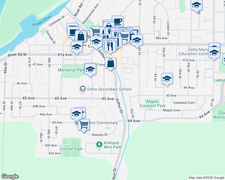 map of restaurants, bars, coffee shops, grocery stores, and more near 4569 Arthur Drive in Delta
