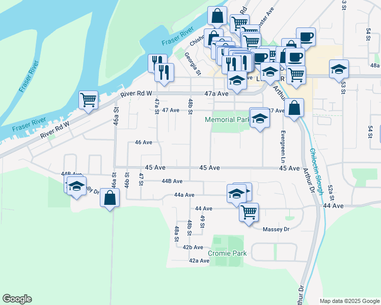 map of restaurants, bars, coffee shops, grocery stores, and more near 4560 48B Street in Delta