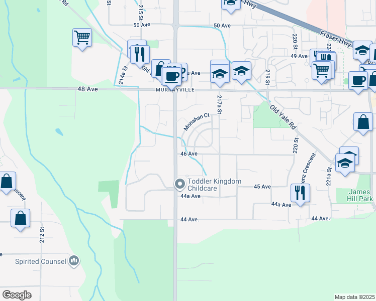 map of restaurants, bars, coffee shops, grocery stores, and more near 21615 46 Avenue in Langley