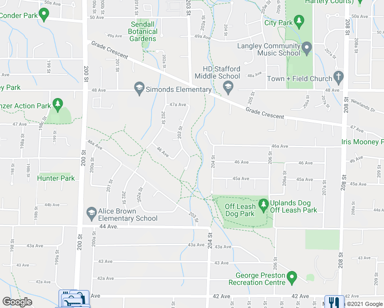 map of restaurants, bars, coffee shops, grocery stores, and more near 4640 203A Street in Langley City