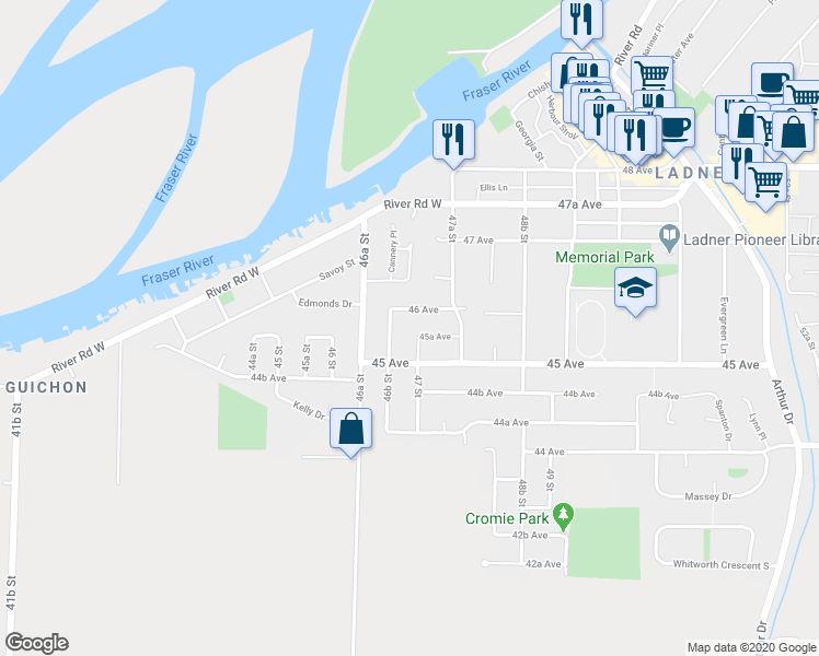 map of restaurants, bars, coffee shops, grocery stores, and more near 4551 47 Street in Delta