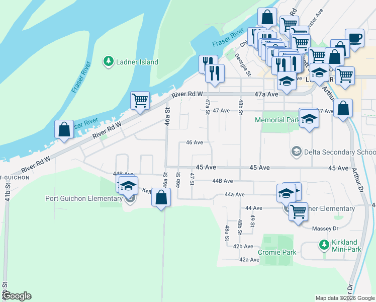 map of restaurants, bars, coffee shops, grocery stores, and more near 4705 45A Avenue in Delta