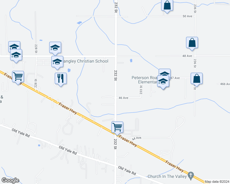 map of restaurants, bars, coffee shops, grocery stores, and more near 4615 232 Street in Langley