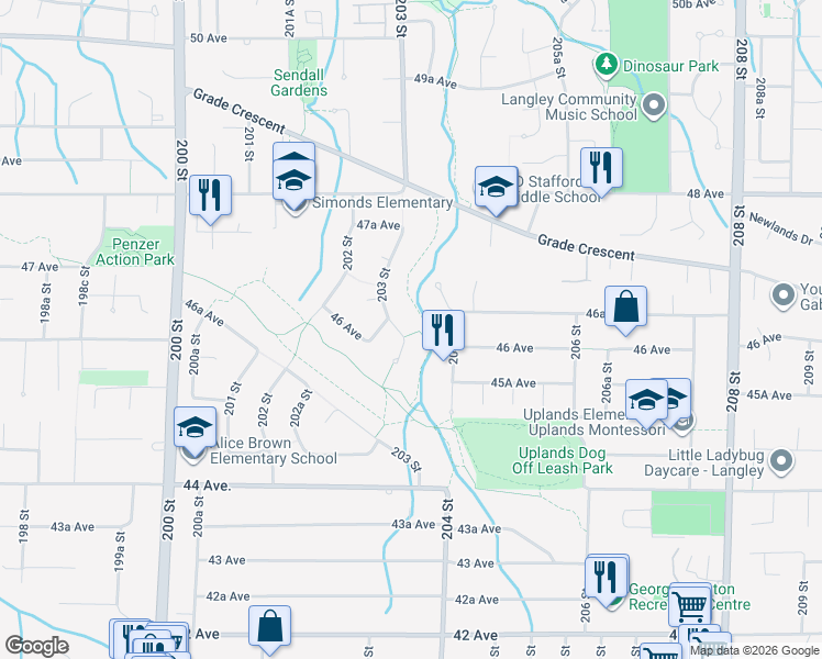 map of restaurants, bars, coffee shops, grocery stores, and more near 4640 203A Street in Langley