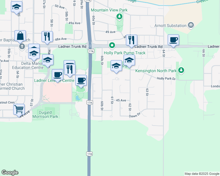 map of restaurants, bars, coffee shops, grocery stores, and more near 4587 61 Street in Delta
