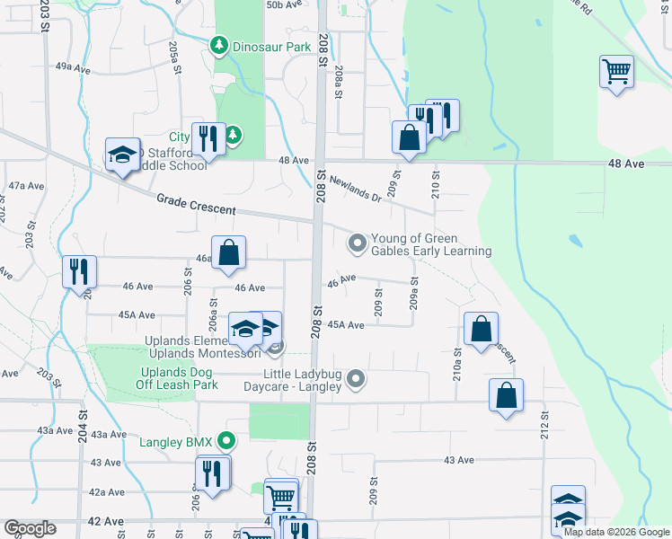 map of restaurants, bars, coffee shops, grocery stores, and more near 4628 Uplands Drive in Langley