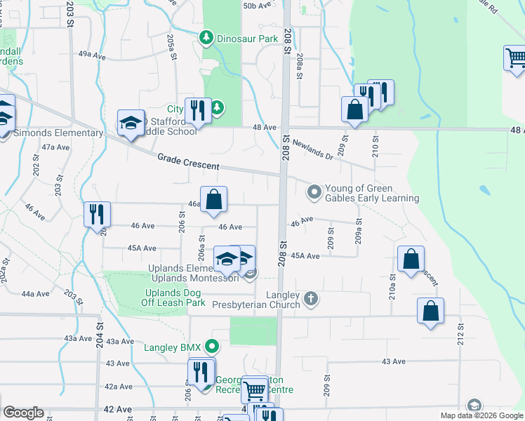 map of restaurants, bars, coffee shops, grocery stores, and more near 4628 207A Street in Langley
