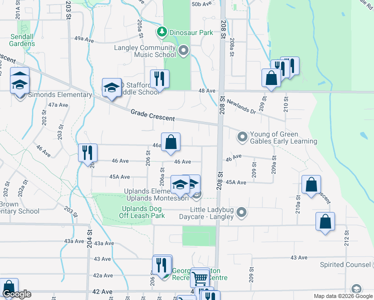 map of restaurants, bars, coffee shops, grocery stores, and more near 20722 46A Avenue in Langley