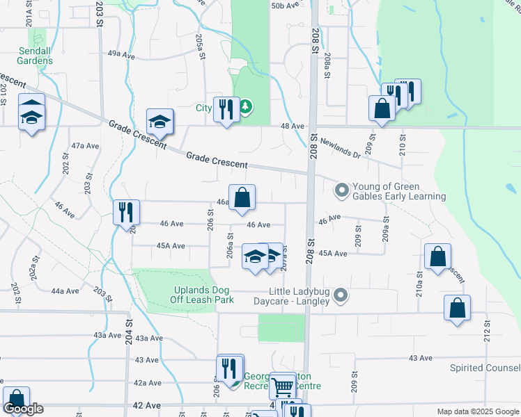 map of restaurants, bars, coffee shops, grocery stores, and more near 20710 46A Avenue in Langley