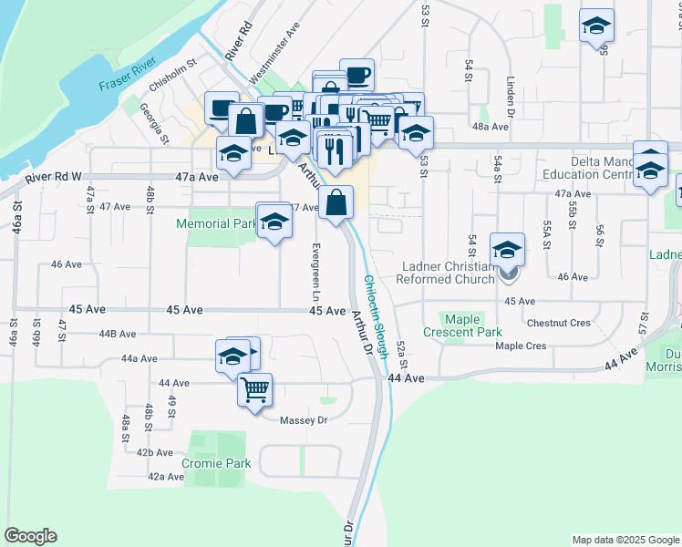 map of restaurants, bars, coffee shops, grocery stores, and more near 4585 Arthur Drive in Delta